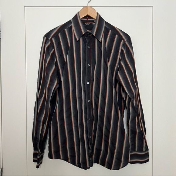 Ted Baker Dress Shirt Mens Size 3 Black Striped Button Up Long Sleeve Cotton - Picture 1 of 12